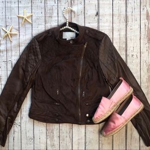 Bar III Brown Faux Suede and Leather Moto Jacket